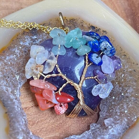 Tree Of Life chakra pendant crystal healing reiki heart amethyst gold tone chain - Picture 6 of 10